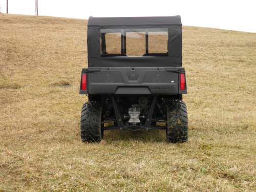 Black 3 Star soft back panel with vinyl windows installed on a Polaris Ranger Crew 570 Mid-Size, rear view