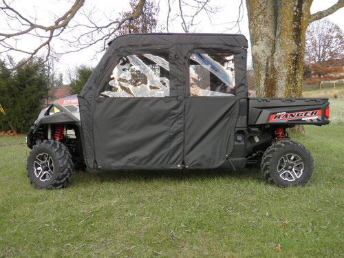 3 Star soft doors and rear window combo installed on a Polaris Ranger 570-4 crew, side view on grass