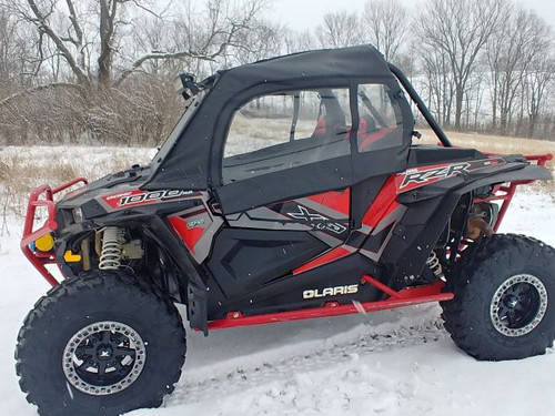 3 Star soft upper doors on a red and black Polaris RZR XP1000 in snow, side view with full roof