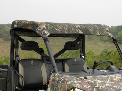 3 Star camouflage soft top installed on a camo side-by-side with bench seats, front view over the hood