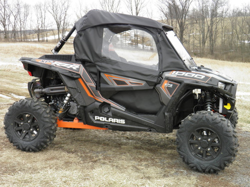 3 Star black full cab enclosure with clear window doors on a black and orange Polaris RZR XP1000, side view
