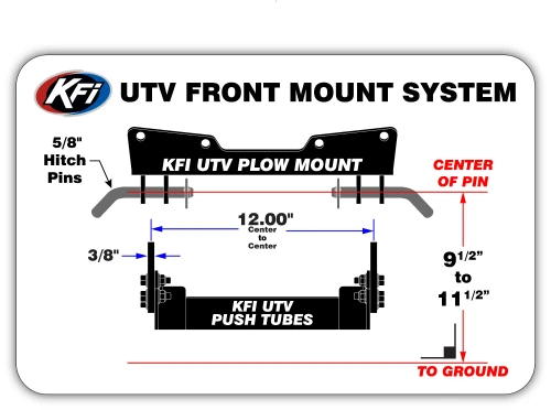 KFI Honda UTV plow mount system drawing with 12 inch spacing, hitch pins and pin height