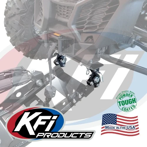 KFI 2 inch UTV plow lift kit brackets installed on a UTV front frame near the front wheel
