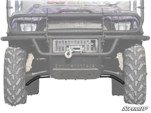SuperATV high clearance A-arms installed under the front bumper of a faded-out side-by-side, front view