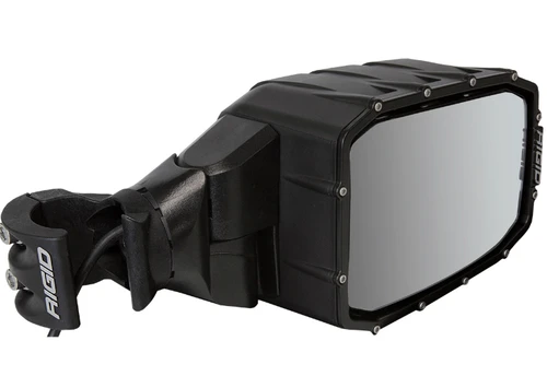 Rigid Reflect side mirror from the Wiedmann Bros pair seen from the glass side with the roll cage tube clamp