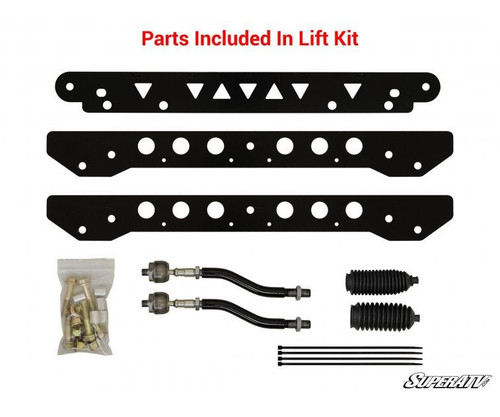 Parts included in the SuperATV 2-inch lift kit for Kawasaki Mule Pro: three steel brackets, tie rod ends, boots and hardware