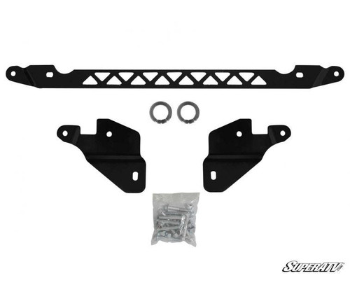 SuperATV 3-inch lift kit parts for the Honda Pioneer 1000: black brackets, spacer bar, rings and hardware bag