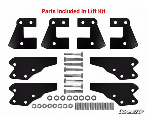 Parts included in the SuperATV Polaris Ranger XP1000 3-inch lift kit: eight black steel brackets, bolts, nuts and spacers