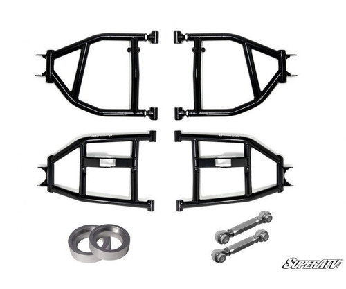 SuperATV lift kit front A-arms, two spacers and sway bar links for the Yamaha Viking laid out on white