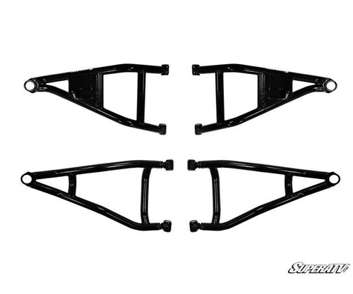 Four black tubular front A-arms from the SuperATV Can-Am Defender 6-inch lift kit laid out on white