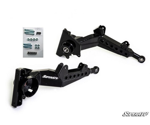 SuperATV Can-Am Commander 6-inch lift kit rear trailing arms, black steel pair with hardware bags on white