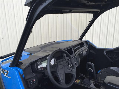 View from the passenger side into the Polaris General 1000 cab showing the Extreme Metal Products windshield from inside