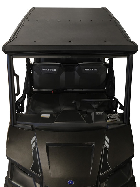 Spike ABS plastic hard roof on a Polaris Ranger Crew, front view over the hood and seat backs
