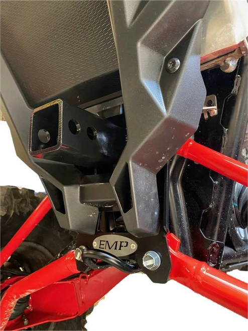 Extreme Metal Products 2-inch rear receiver hitch installed under the rear of a Polaris RZR Pro XP, angled close-up