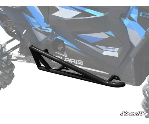 SuperATV nerf bars for Polaris RZR XP Turbo and XP 1000, black tube nerf bar installed on a blue RZR XP, close side view