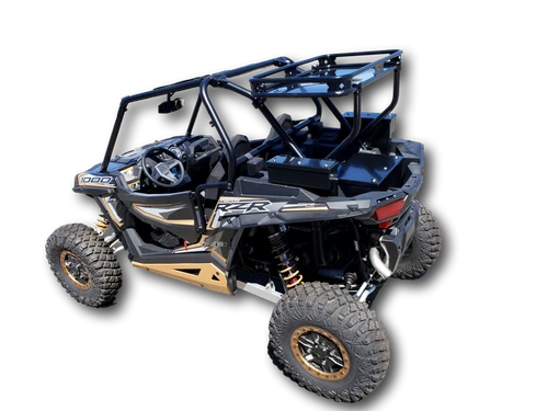 Hi-Standard rear cargo rack on a Polaris RZR with black tube basket above the bed, rear three-quarter view