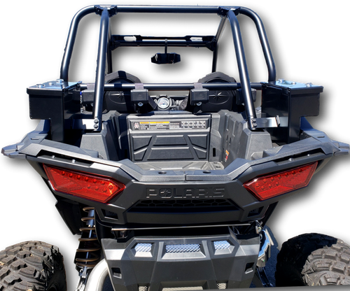 Hi-Standard black side cargo security boxes mounted on both sides of a Polaris RZR 1000 cage, rear view