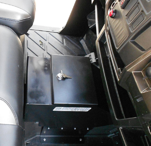 Hi-Standard lockable center console installed between the seats of a Polaris Ranger 570/900, top view with key in lock