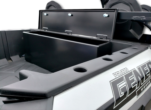 Hi-Standard security box with lid open in the Polaris General 1000 cargo bed showing the empty interior