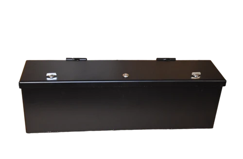 Hi-Standard universal UTV storage security box, black steel with two lockable latches, closed on a black background