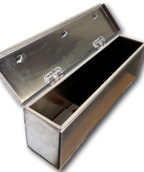 Hi-Standard aluminum rear cargo lockable storage box for the Yamaha Viking with lid open, angled view on black