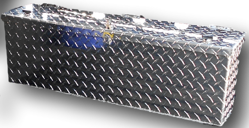 Diamond plate finish option of the Hi-Standard cargo storage box with lid closed and lock latch, angled view on black