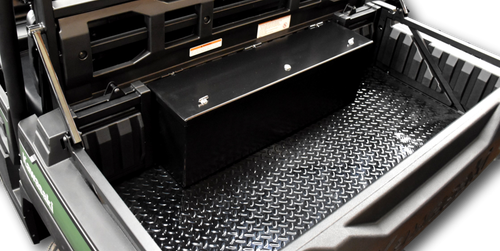 Side angle of the Hi-Standard storage box with lid open in the Kawasaki Mule Pro cargo bed with diamond plate liner