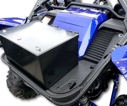Angled view of the Hi-Standard black steel storage box sitting in the Yamaha YXZ 1000 rear cargo area