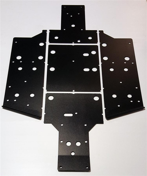 Trail Armor black full skid plate set for the Honda Pioneer 1000 laid out flat showing the bolt-hole panels