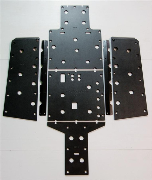 Trail Armor black full skid plate set for the Honda Pioneer 700-4 laid out flat, center and side plates