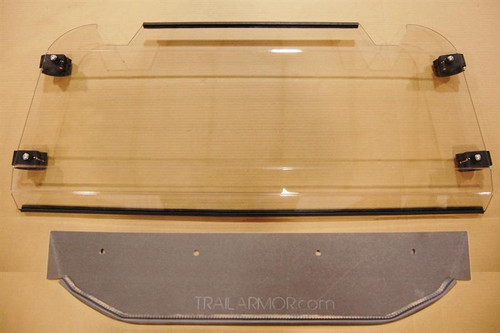 Trail Armor rear window dust shield for a Polaris RZR 900, tinted panel with cage clamps above its aluminum lower plate