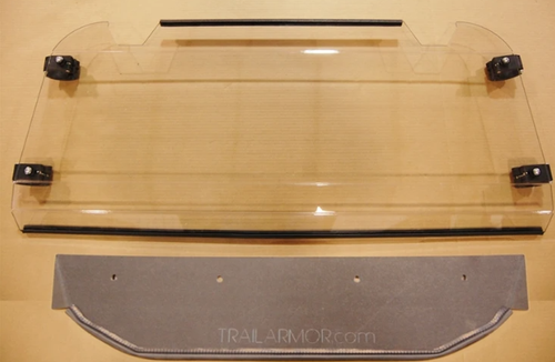 Trail Armor rear window dust shield for a Polaris RZR 4 900/1000, tinted panel with four cage clamps and aluminum lower plate