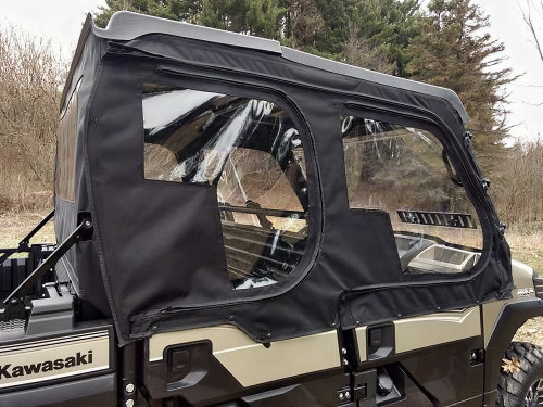 Side X Side upper doors kit installed on a Kawasaki Mule Pro FXT, black soft doors with clear windows, close side view
