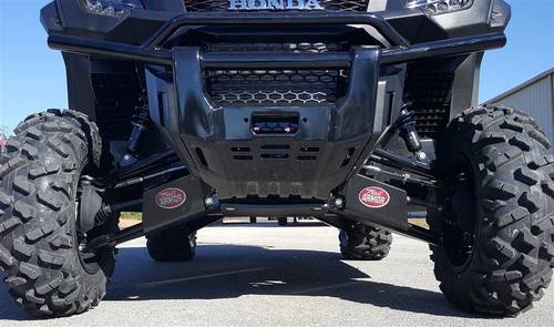 Trail Armor iMpact A-arm guards on a Honda Pioneer 1000, front view with the skid plate and Honda badge