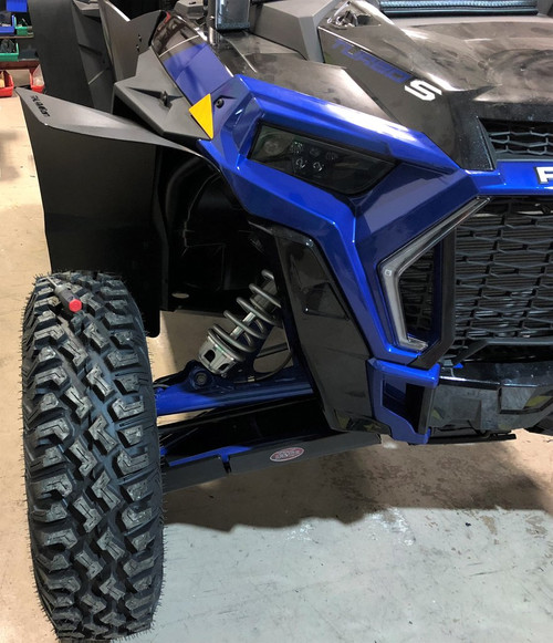 Trail Armor super wide mud flap fender extension for RZR XP 1000/Turbo on the front fender of a blue side-by-side