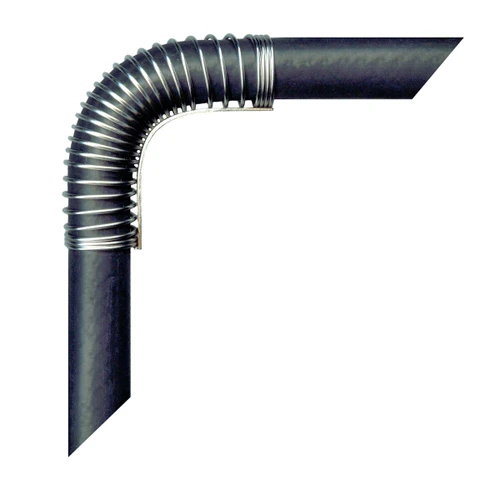 Moto Alliance Firestorm 5/8-inch Unicoil spring guard holding a black heater hose in a tight 90-degree bend, on white