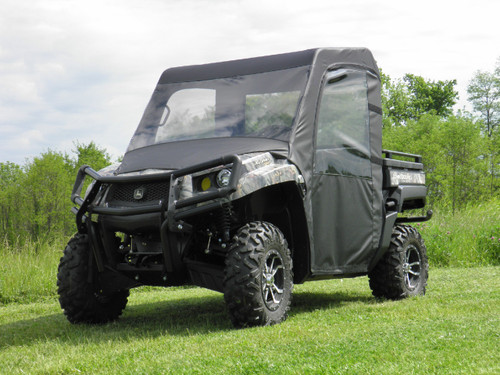 3 Star tan full cab enclosure with vinyl windshield on a camo John Deere Gator 550/560/590, front three-quarter view