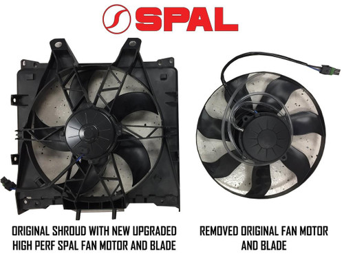Universal Parts Spal fan upgrade for Can-Am Maverick fitted in the stock shroud beside the removed original fan