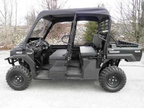 3 Star mini cab soft top and vinyl windshield on a black four-seat Kawasaki side-by-side, side view