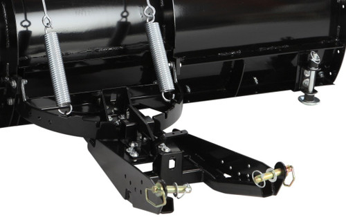 Denali ATV/UTV pushtubes attached to a plow blade, showing the lift arm, springs and quick-release pins