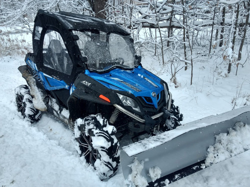 Side X Side soft upper doors and cab on a blue CFMoto ZForce 1000 with a snow plow in snowy woods, front angle