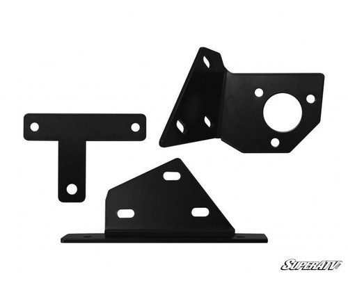 Three black steel mounting brackets from the SuperATV power steering kit for a Polaris Ranger Midsize 570, on white
