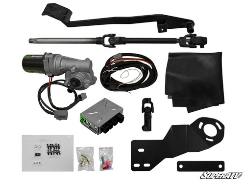 SuperATV power steering kit for the Polaris Ranger Midsize 400 laid out: motor, shaft, control box, harness, brackets