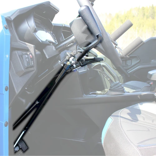 Sure Grip hand control lever and rods installed on the steering column of a blue side-by-side cab, driver side view