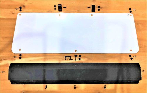 Trail Armor Polaris General rear window dust shield kit laid out: clear panel, lower black panel and clamps