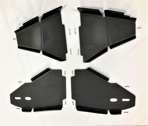 Trail Armor iMpact A-arm guards for the Yamaha Wolverine RMAX, set of four black UHMW plates with hardware laid flat