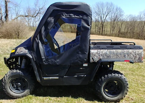 Driver side view of the 3 Star full soft doors with clear windows on the camo Hisun Sector 550/750 with a bed rack