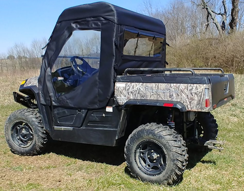 Driver side front angle of the camo Hisun Sector 550/750 with the 3 Star soft enclosure door and windshield