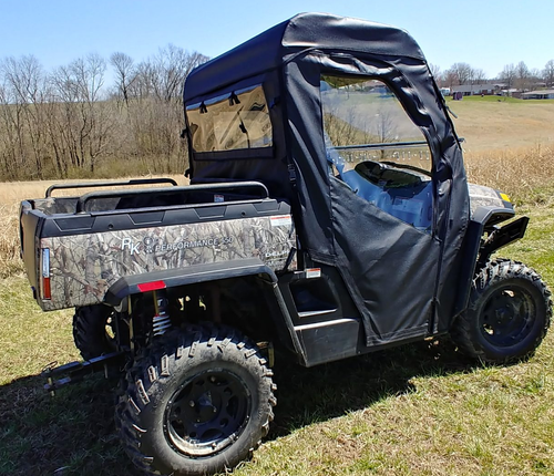 3 Star full cab enclosure installed on a camo Hisun Sector 550/750, passenger side rear angle showing door and window