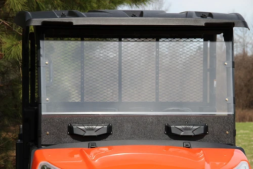 Straight-on front view of the Seizmik Versa-Vent windshield on the Kubota RTV-X with two vent covers